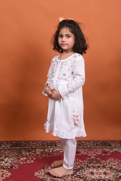 Lil' Blossom: White Mulmul Chikankari Set for Girls with Multi Embroidery