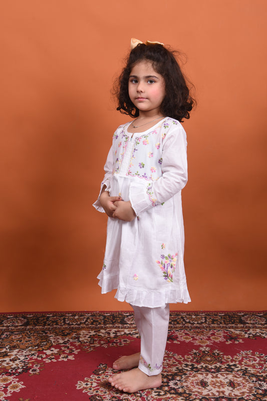 Lil' Blossom: White Mulmul Chikankari Set for Girls with Multi Embroidery