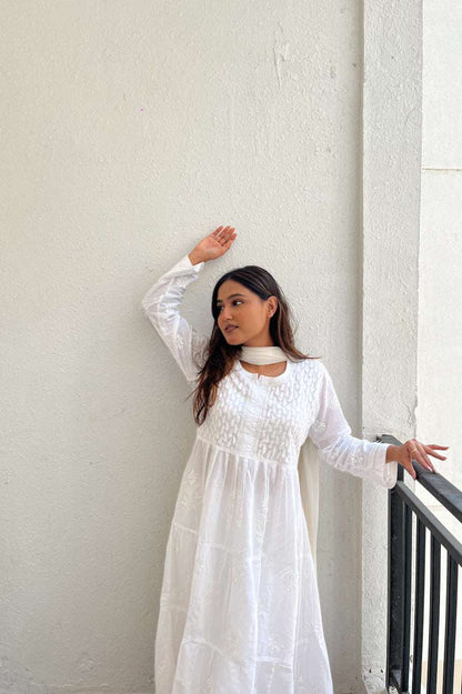 Aafiya Chikankari White Mulmul Three Layer Frock