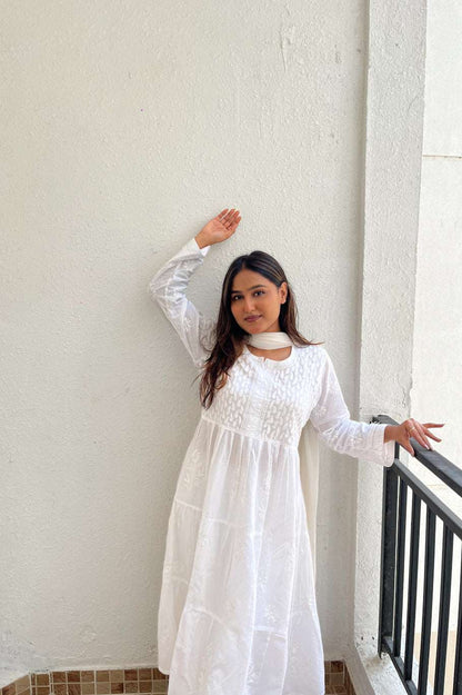 Aafiya Chikankari White Mulmul Three Layer Frock