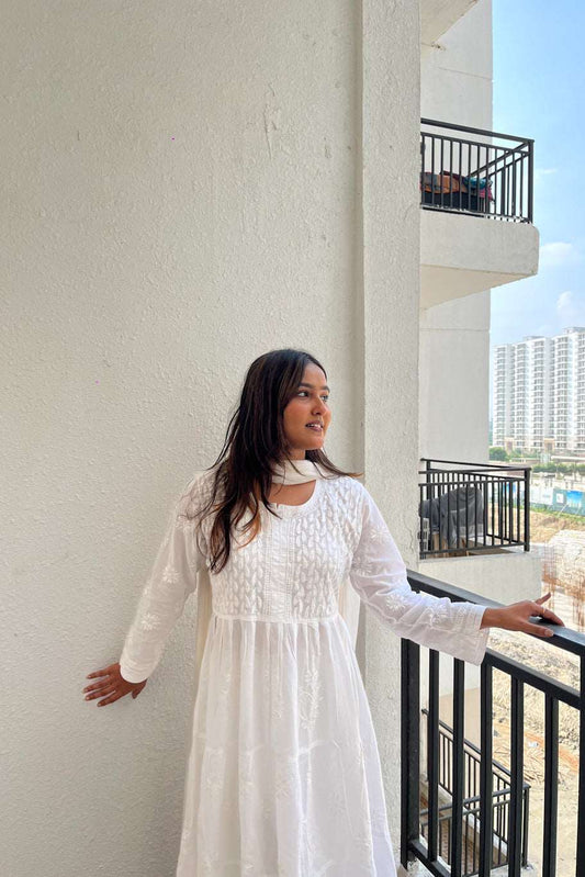Aafiya Chikankari White Mulmul Three Layer Frock