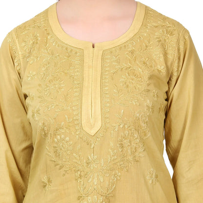 Mustard Chikankari Kurti in Mul Cotton - Famous Chikankari